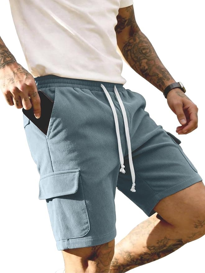 PLEPAN Men's 7" Corduroy Cargo Shorts Casual Lightweight Shorts with 5 Pockets, Drawstring Waist Relaxed Fit for Summer Beach