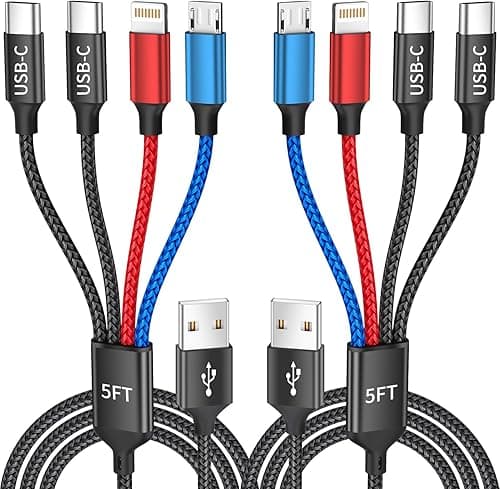 Dual Type-C 4 in 1 Multi Charging Cable for Multiple Devices with 2 USB-C/IP/Micro Port, USB Cable iPhone Charger Cord, Travel Car Charger Cord for iPhone17-8, Galaxy 25 Android iPad, More, 2Pack 5FT
