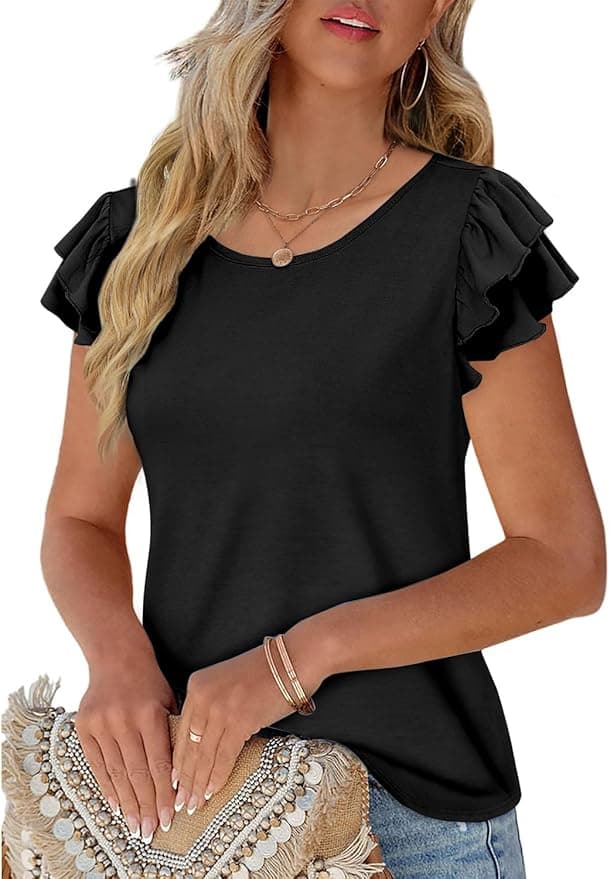 NORACORA Womens Ruffle Short Sleeve Summer Tops Cute Crew Neck Bacis T Shirts Casual Blouses
