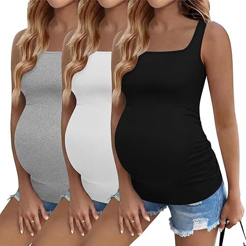 Ekouaer Maternity Tank Tops 3 Pack Square Neck Pregnancy Shirts for Women Summer Ruched Side Sleeveless Pregnant Clothes Top