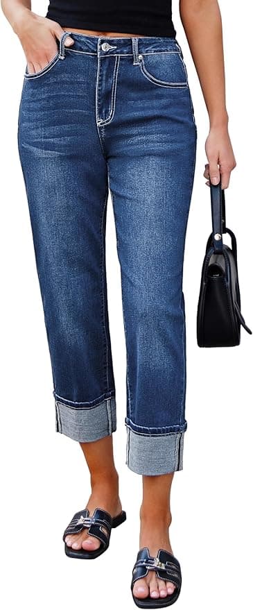 luvamia Straight Leg Jeans for Women Trendy Cropped High Waisted Cuffed Hem Stretchy Boyfriend Capri Jeans with Pockets