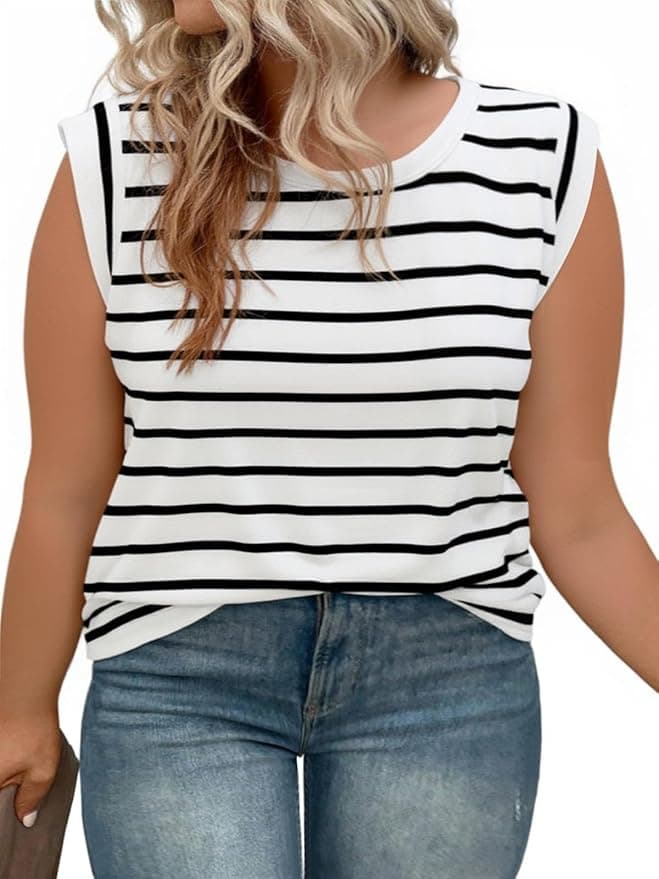 Beautife Womens Plus Size Cap Sleeve Tank Tops Casual Summer Striped T Shirts Crew Neck Loose Fit Tees