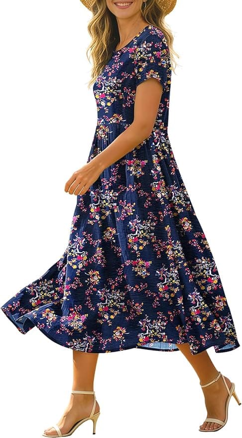 Women's Summer Casual Loose Dresses Boho Floral Midi Dress for Women Beach Vacation with Pockets HD1