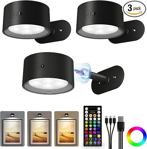 Picture Lights for Wall, 2000mAh Rechargeable Magnetic Art Lights with 3 Color Temps & RGB, Remote Dimmable Battery Operated Wall Light for Bedroom, Living Room, Gallery (Black, 3 Pack)