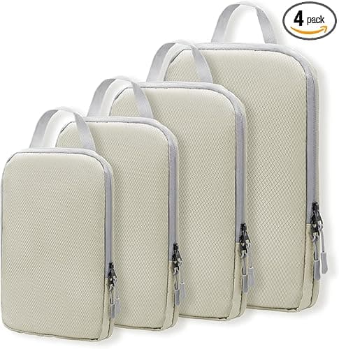 WOOMADA Compression Packing Cubes for Suitcases Travel Essentials 4 Set Expandable Travel Bags Organizer for Luggage(ivory)