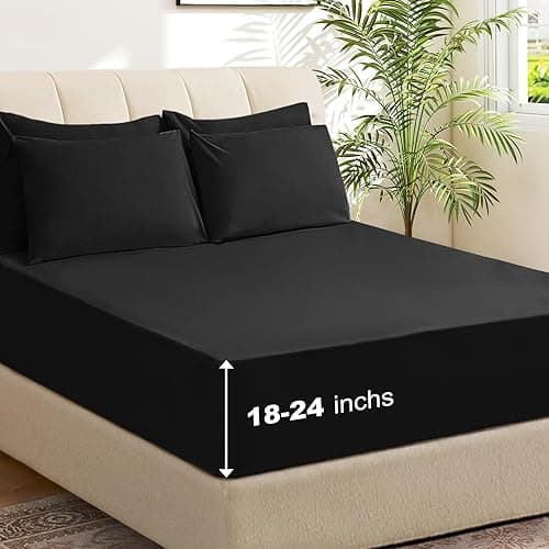 6 Piece King Sheet Set – Breathable & Cooling Bedding Set with 18-24 Inch Deep Pockets - 1 Flat & 1 Fitted Sheet & 4 Pillowcases(King Balck