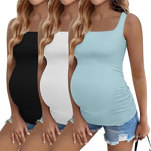 Ekouaer Maternity Tank Tops 3 Pack Square Neck Pregnancy Shirts for Women Summer Ruched Side Sleeveless Pregnant Clothes Top