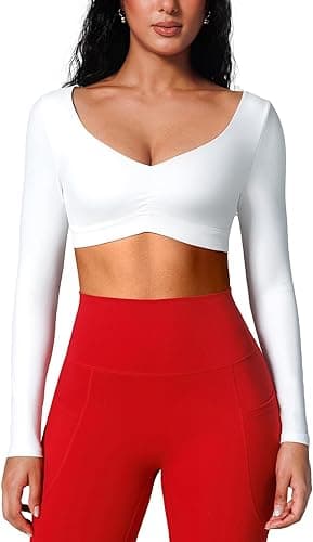 BRXL Long Sleeve Workout Crop Top for Women Built in Bra Gym Athletic Tops Deep V Neck Ruched Padded Dance Sexy Shirts