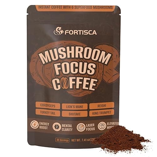 FORTISCA Mushroom Coffee, 6-in-1 Instant Mushroom Coffee Blend with Cordyceps, Reishi, Lion’s Mane, Turkey Tail, Shiitake & King Trumpet, Smooth Low-Acid Coffee for Balanced Energy & Focus, 210g