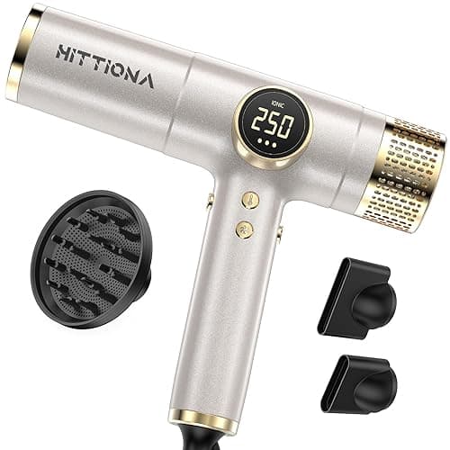 HITTIONA Dual Voltage Travel Hair Dryer with Magnetic Diffuser - 2000W High-Speed Ionic Hair Dryers Gift for Women, Fast Drying, Low Noise, Lightweight, No Heat Damage, European Travel 110V-240V, Gold