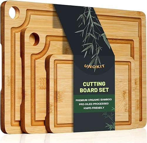Unokit 3PCS Bamboo Cutting Boards Set - Large Natural Wooden Cutting Boards with Juice Groove & Built-in Handles,Ideal Charcuterie & Chopping for Meat, Vegetables, Dishwasher Safe