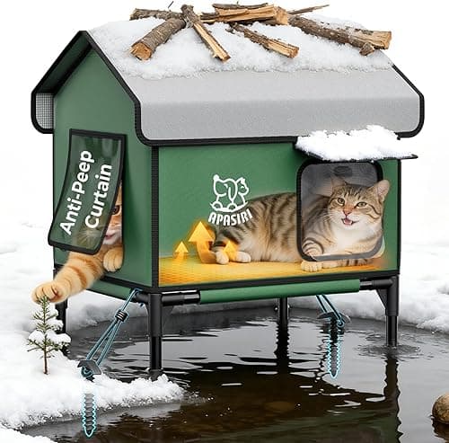Apasiri Heated Cat House Weatherproof - Insulated Outdoor Cat Shelter with Thermostatic Heating Pad, Water Resistant 900D Oxford Feral Cat House with Anti-Peep Curtains Escape Door for Winter, Medium