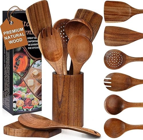 Unokit Cooking Utensils Set for Kitchen - 8 Piece Nonstick Natural Teak Wooden Spoons for Cooking, Comfort Grip Kitchen Utensils Set, Teak Wooden Utensil Set with Holder and Spoon Rest