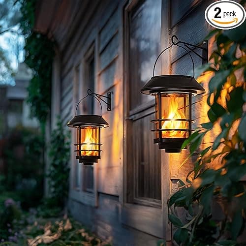 Otdair Solar Lanterns Outdoor Waterproof, 2 Pack Flickering Flames Wall Garden Decor with Glass Shade, Hanging Solar Lights Wall Mount Decorations for Halloween, Front Porch, Patio, Yard