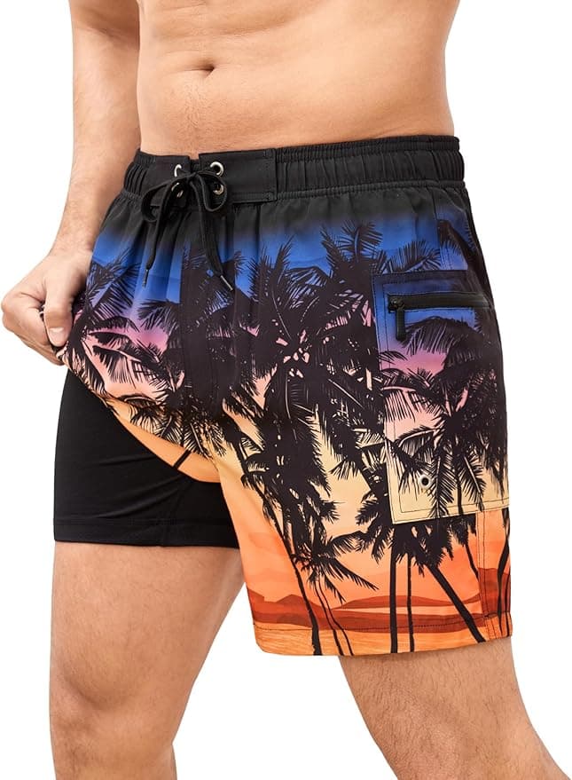 SILKWORLD Mens Swim Trunks 6" Quick Dry Bathing Suit Beach Swimming Shorts with Compression Liner and Zipper Pockets