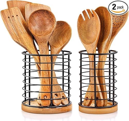 2-Piece Utensil Holders - 5.1*5.1*5.8 and 3.7*3.7*5.8 inches Kitchen Utensil Holders, Metal Black Crocks with Wooden Base, Easy to Drain