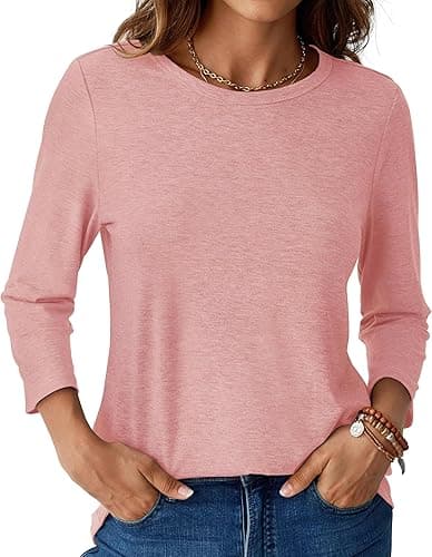 Womens Tops 3/4 Sleeve Shirts Round Neck Casual Blouses Basic Loose Fit Pullover Tshirts