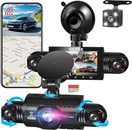 360 Degree View 4 Channel Dash Cam 5G WiFi & App Control, GEMEK 2K Front and Rear Inside, Left and Right Dash Camera for Cars, Free 64GB TF Card, G-Sensor, Night Vision, 24-Hour Parking Mode