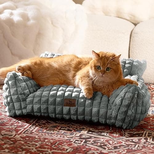 Cute Cat Couch Bed – Supportive & Fluffy Pet Sofa with Faux Rabbit Fur Washable Cover in 3D Diamond Pattern, 24" Grey
