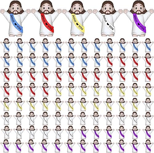 Jesus Loves You Figures 100 Pack – Multicolor Mini Jesus Figurines in Bulk, Little Jesus Figures for Easter, Church, and Religious Celebrations (Hand up)