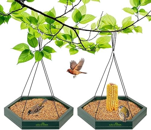 MIXXIDEA Platform Bird Feeder Tray, Hanging Bird Feeders for Outdoors, Wooden Seed Tray Mesh Seed Platform for Garden Yard Outside Decoration Attracting for Wild Birds (1pk-Green)