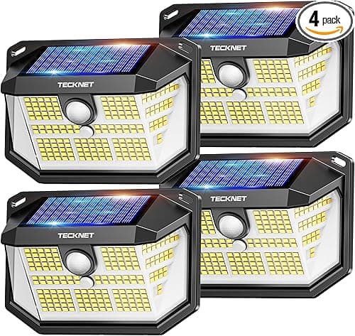 TECKNET 231 LED Solar Motion Lights Outdoor Waterproof, 4 Pack 300° Angle & 3 Lighting Modes PIR Motion Sensor Security Solar Wall Lights IP65 for Fence Front Door Yard Deck Garden Garage