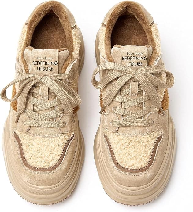 BEAU TODAY Fur Lined Winter Sneakers for Women, Womens Chunky Platform Warm Sneakers, Comfortable Suede Snow Lace-up Non-Slip Round Toe Casual Snow Walking Tennis Shoes