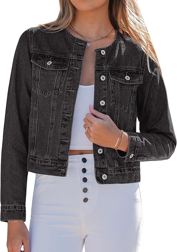 luvamia Jean Jacket Women Trendy Collarless Button Down Long Sleeve Casual Western Denim Jacket Country Concert Outfits