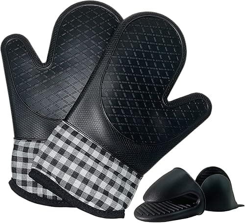 4pcs Set Oven Gloves and Pot Holder Set, Heat-Resistant 500 Degree, with Oven Gloves and Insulation Clips, Non-Slip Food-Grade Long, for Kitchen Baking