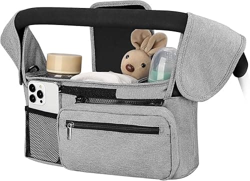 Universal Stroller Organizer with Insulated Cup Holder Detachable Phone Bag and Carry Strap Fits Uppababy, Baby Jogger, Britax, BOB, Umbrella and Pet Stroller and more (Light gray)