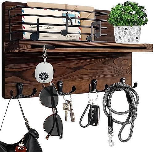 Key Holder Wall Mount, Keys Holder on Wall with Shelf, Key and Mail Holder for Wall with 4 Double Hooks for Dog Leash, Sunglasses, Bags - Musical Note Design Entryway Hanger