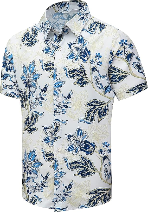 SheLucki Hawaiian Shirt for Men, Unisex Summer Beach Casual Short Sleeve Button Down Shirts, Printed Palmshadow Clothing