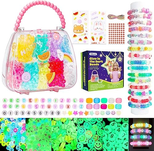 Tilhumt Glow in The Dark Beads for Bracelet Making Kit with Cute Bag for Adults, 9mm Rave Pony Beads Kit, Letters&Number&Star Neon Bead, Ideal Gift for Adult Craft Lovers
